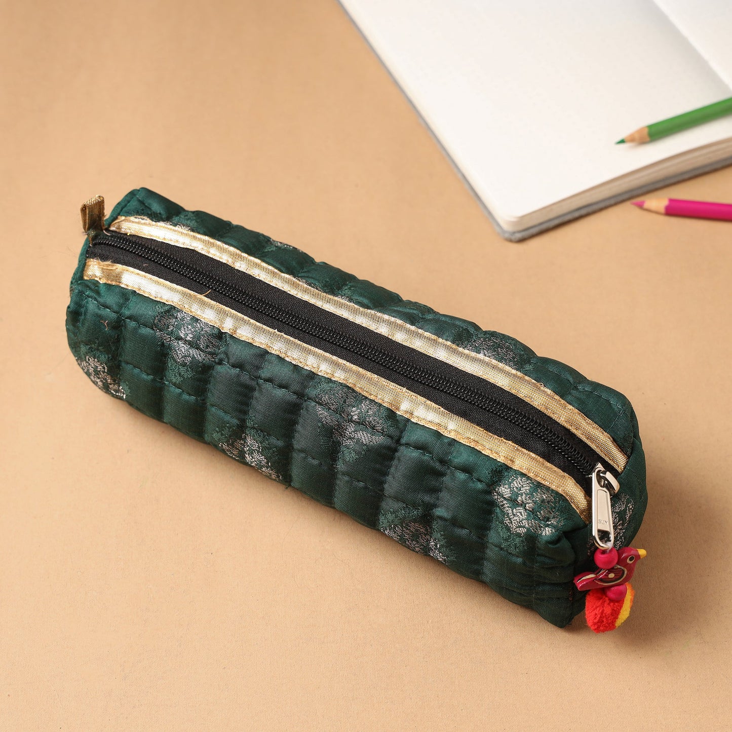 Handcrafted Quilted Banarasi Pencil Pouch