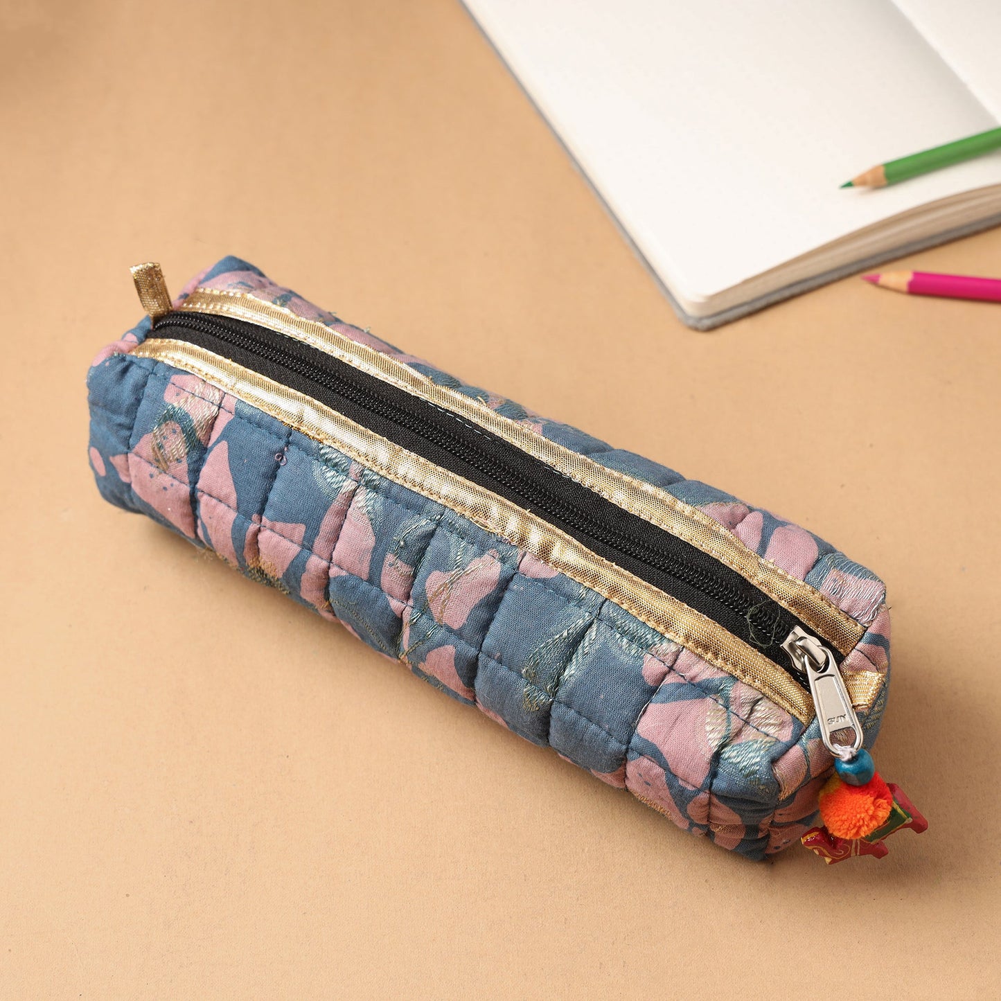 Handcrafted Quilted Banarasi Pencil Pouch