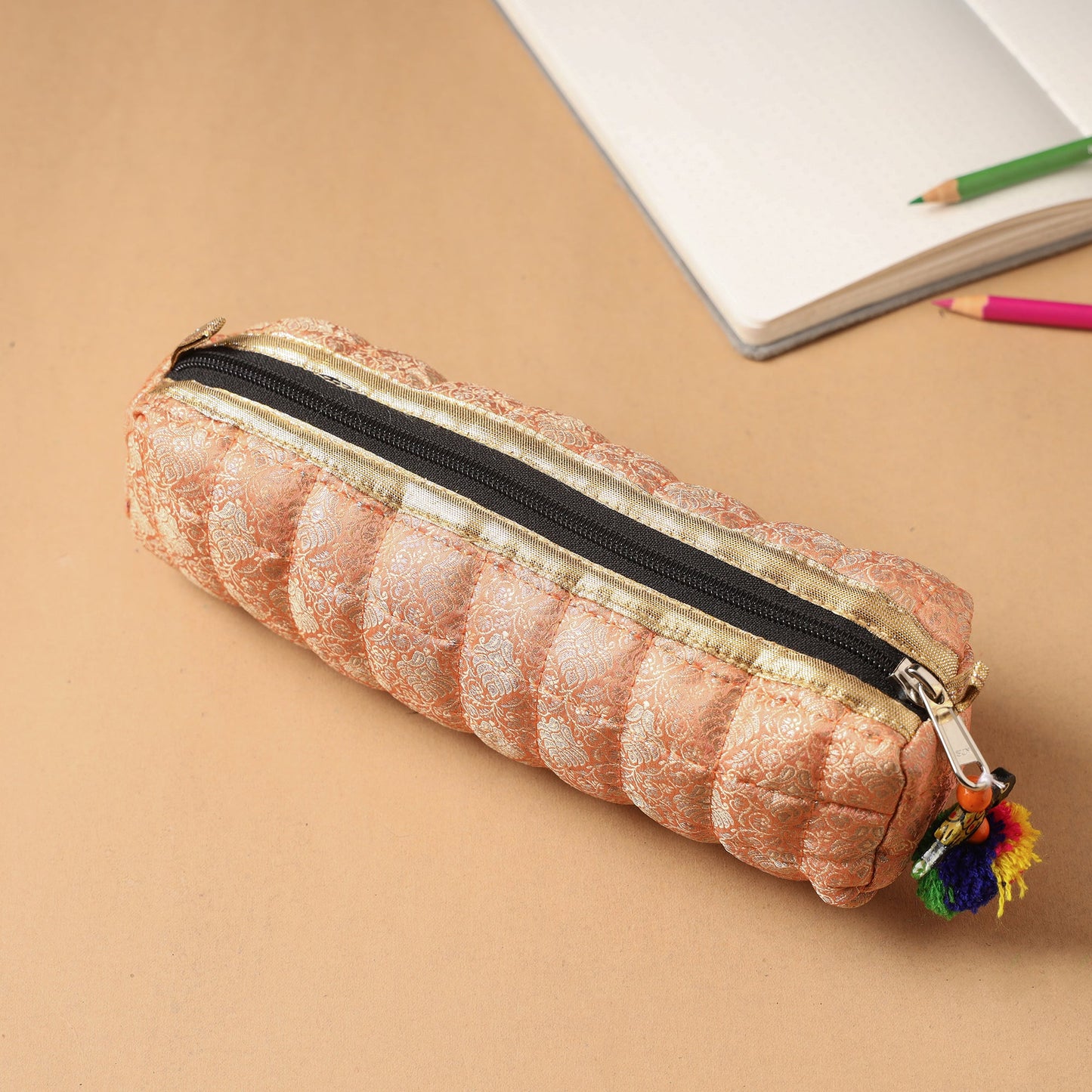 Handcrafted Quilted Banarasi Pencil Pouch