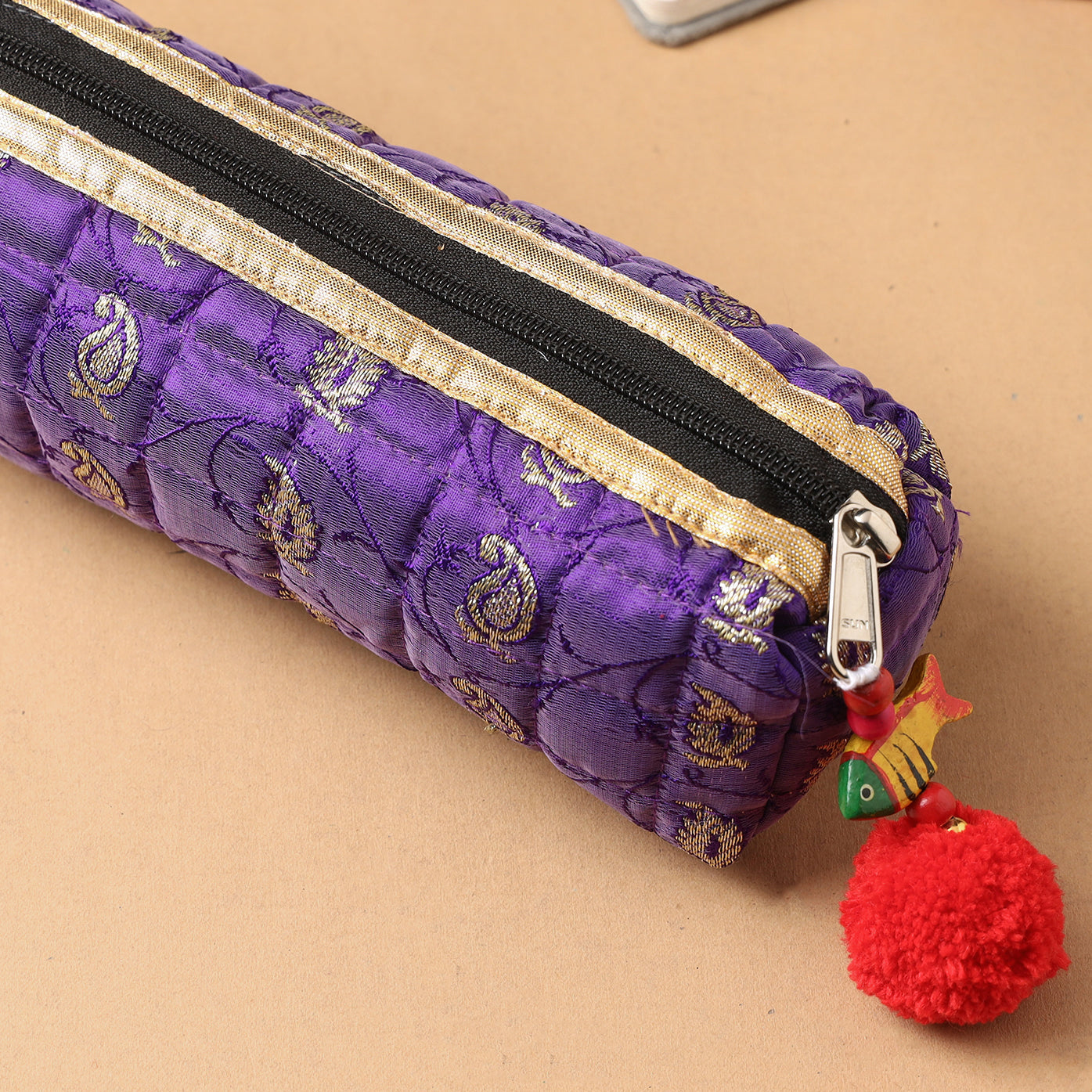 Handcrafted Quilted Banarasi Pencil Pouch
