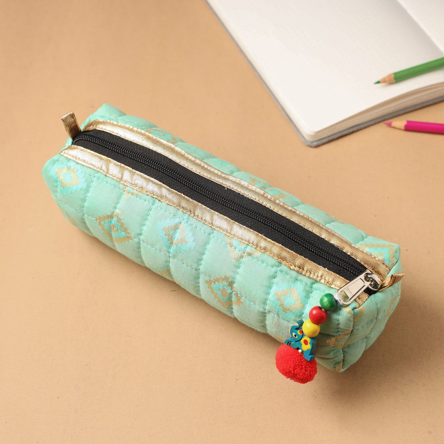Handcrafted Quilted Banarasi Pencil Pouch