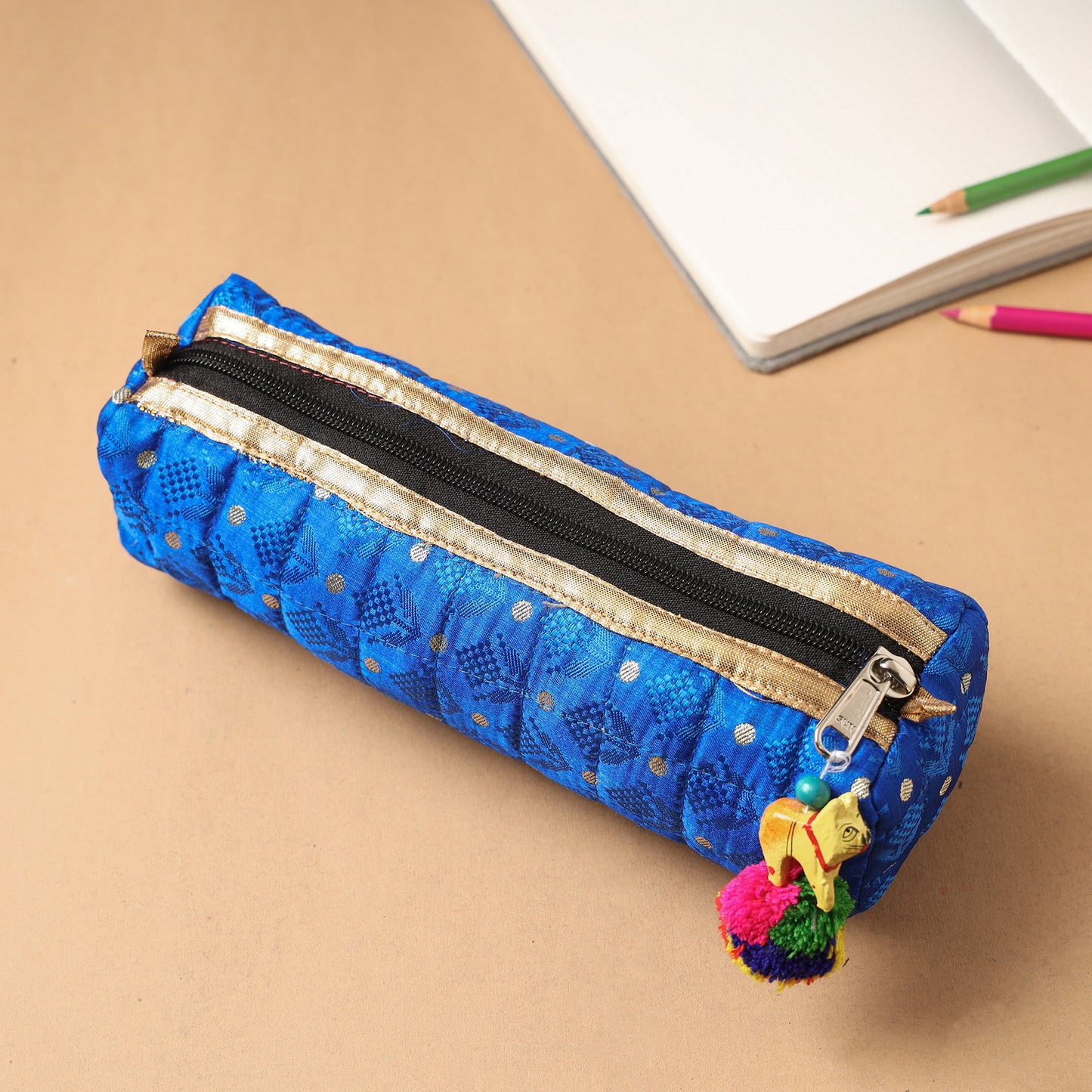 Handcrafted Quilted Banarasi Pencil Pouch
