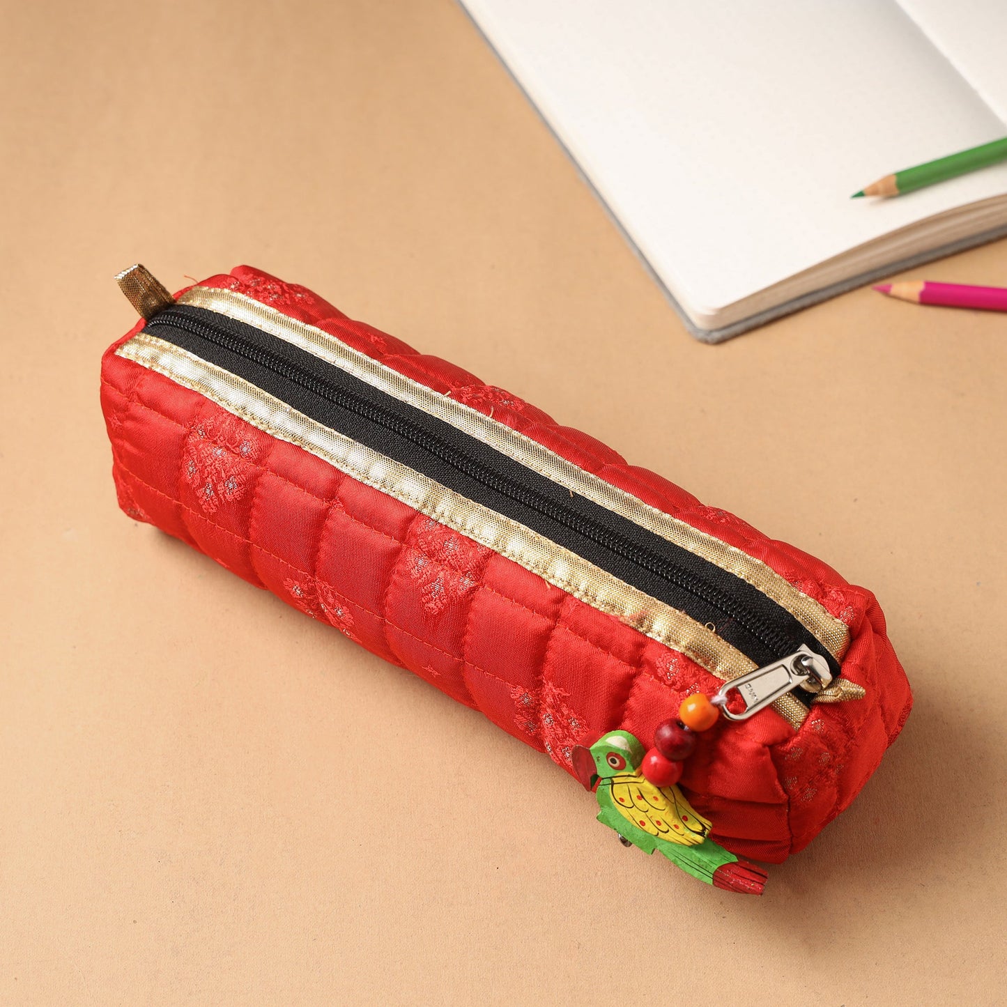 Handcrafted Quilted Banarasi Pencil Pouch