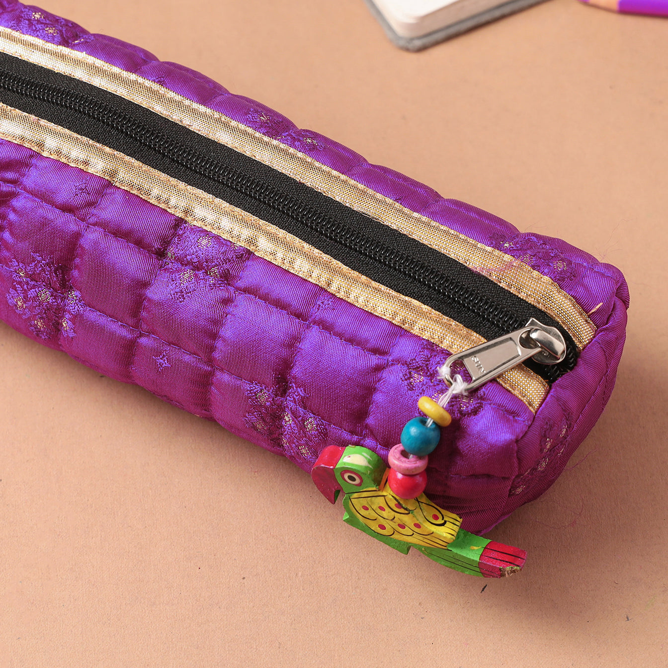 Handcrafted Quilted Banarasi Pencil Pouch