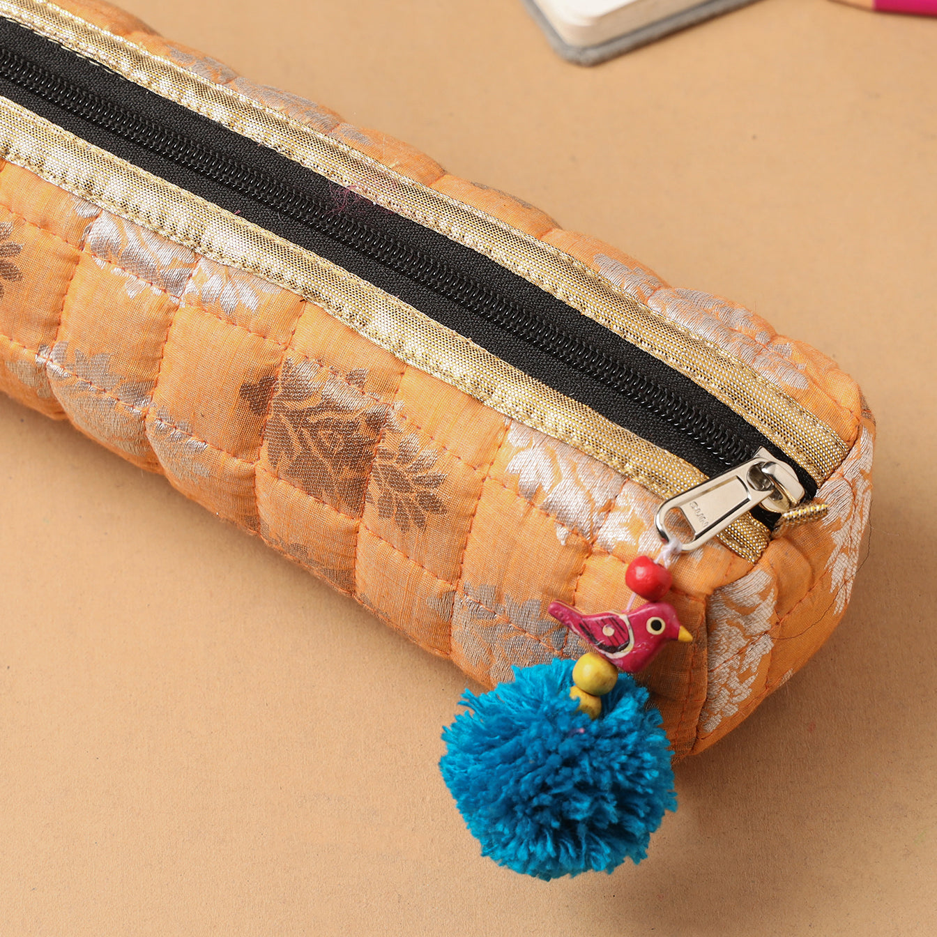  Handcrafted Quilted Banarasi Pencil Pouch