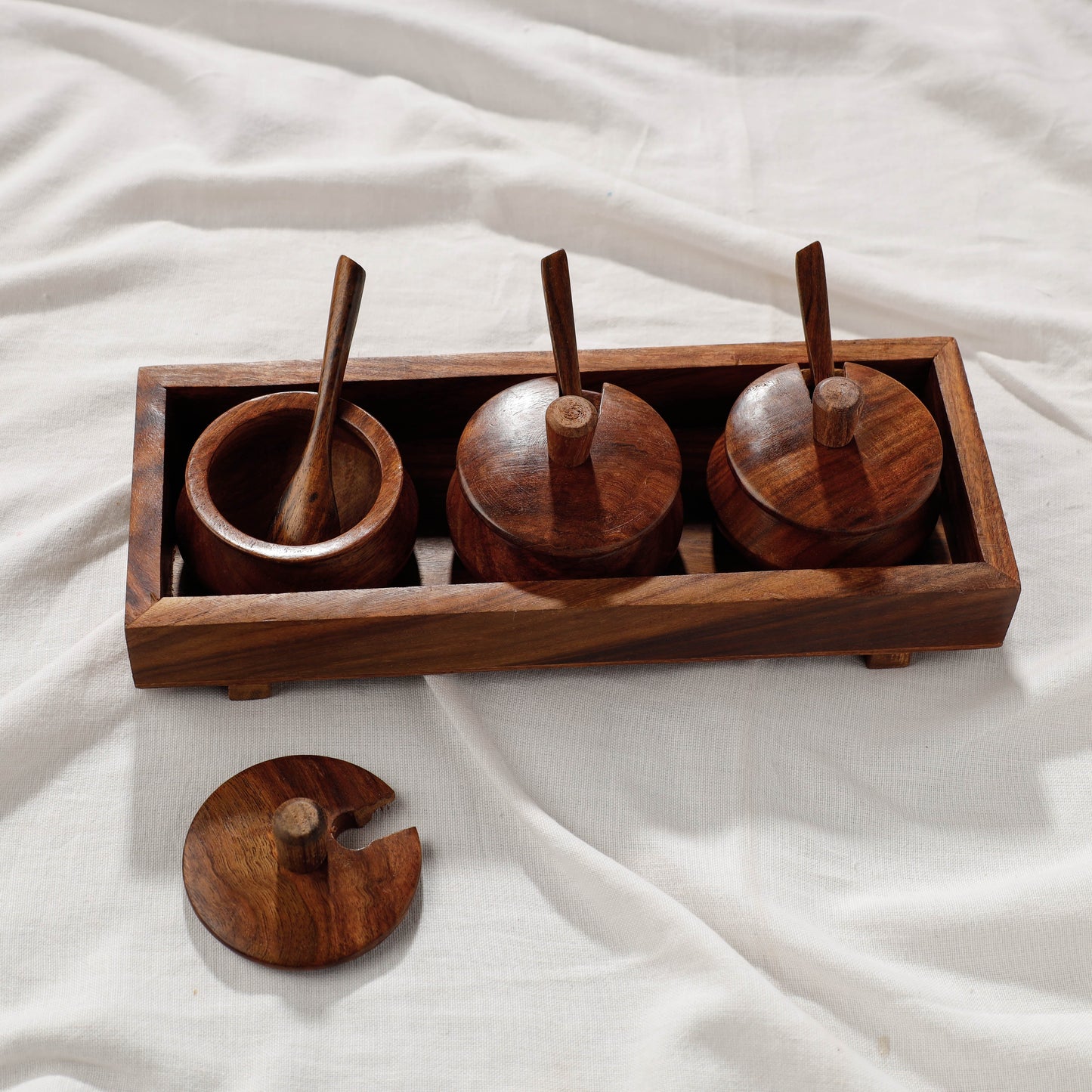  Handcrafted Sheesham Wooden Jar Set with Tray & Spoon Online at iTokri.com 