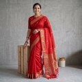 Red Handloom Buti Maheshwari Silk Saree with Zari Border, draped and worn by a woman, AI visual of the saree, iTokri