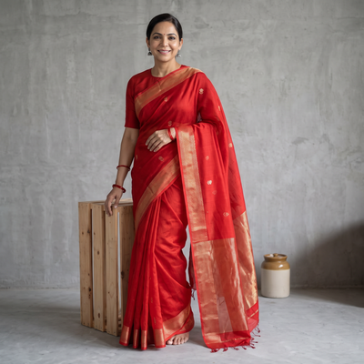 Red Handloom Buti Maheshwari Silk Saree with Zari Border, draped and worn by a woman, AI visual of the saree, iTokri