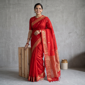 Red Handloom Buti Maheshwari Silk Saree with Zari Border, draped and worn by a woman, AI visual of the saree, iTokri