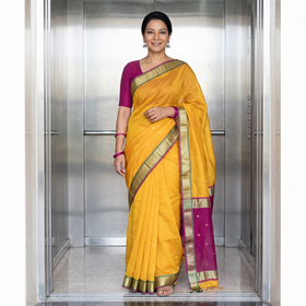 Yellow Handloom Buti Maheshwari Silk Saree with Zari Border, draped and worn by a woman, AI visual of the saree, iTokri