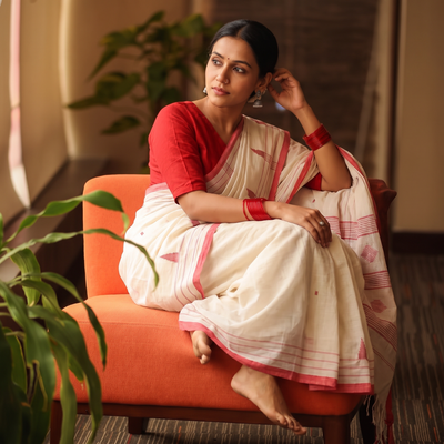 White Handloom Cotton Burdwan Jamdani Saree, draped and worn by a woman, AI visual of the saree, iTokri