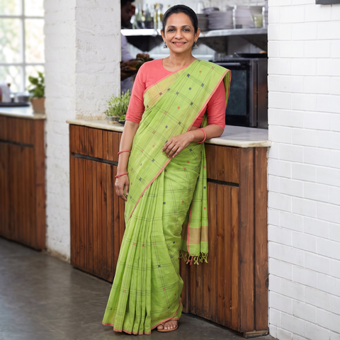 Green Handloom Cotton Buti Checks Srikakulam Jamdani Saree, draped and worn by a woman, AI visual of the saree, iTokri