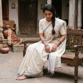 White Handloom Cotton Buti Srikakulam Jamdani Saree, draped and worn by a woman, AI visual of the saree, iTokri