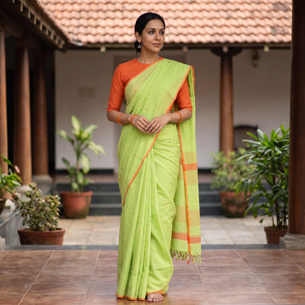Green Handloom Cotton Buti Srikakulam Jamdani Saree, draped and worn by a woman, AI visual of the saree, iTokri