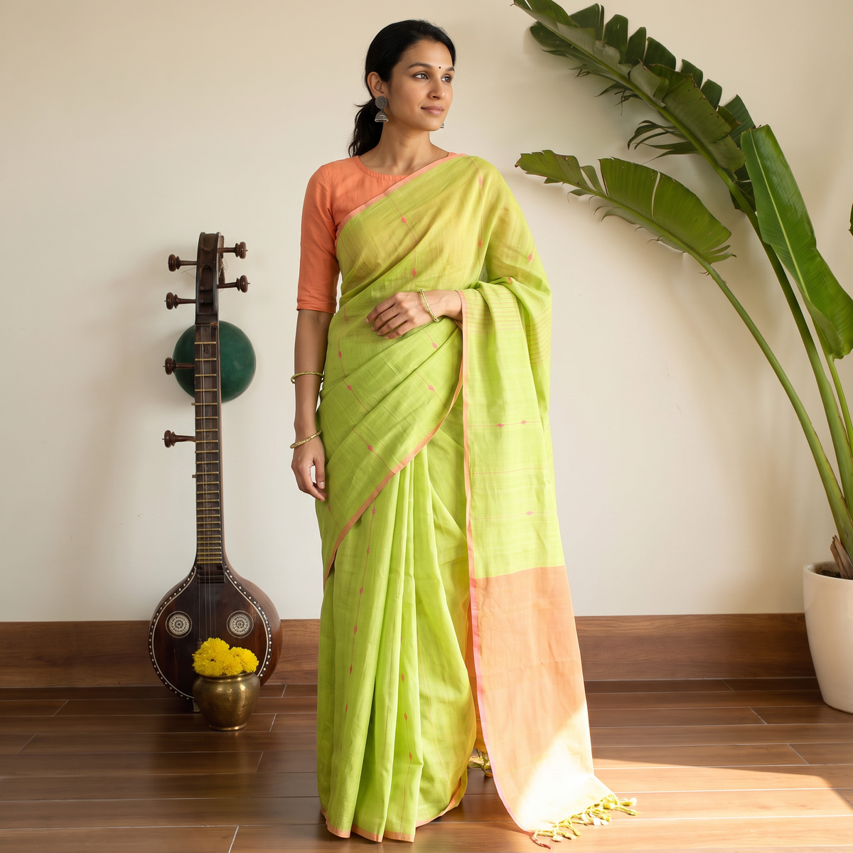 Green Handloom Cotton Buti Srikakulam Jamdani Saree, draped and worn by a woman, AI visual of the saree, iTokri