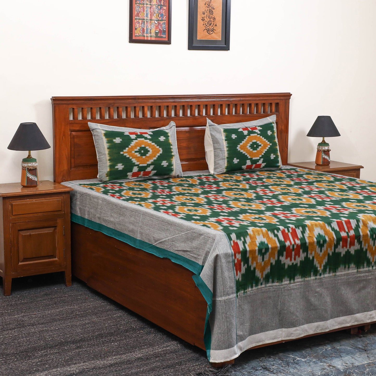 Handloom cotton double pochampally ikat bed sheet set (108