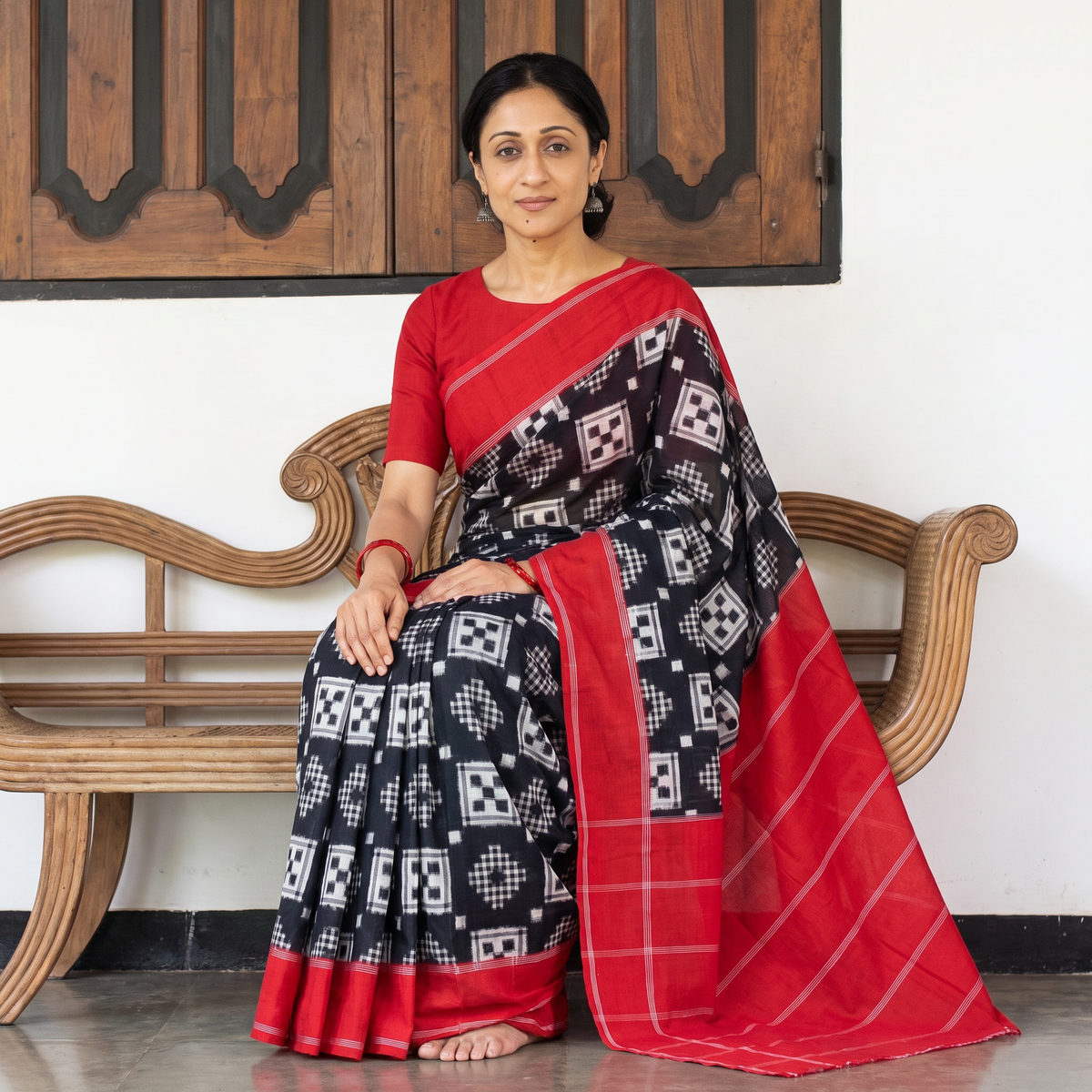 Black Handloom Cotton Double Pochampally Ikat Saree, draped and worn by a woman, AI visual of the saree, iTokri