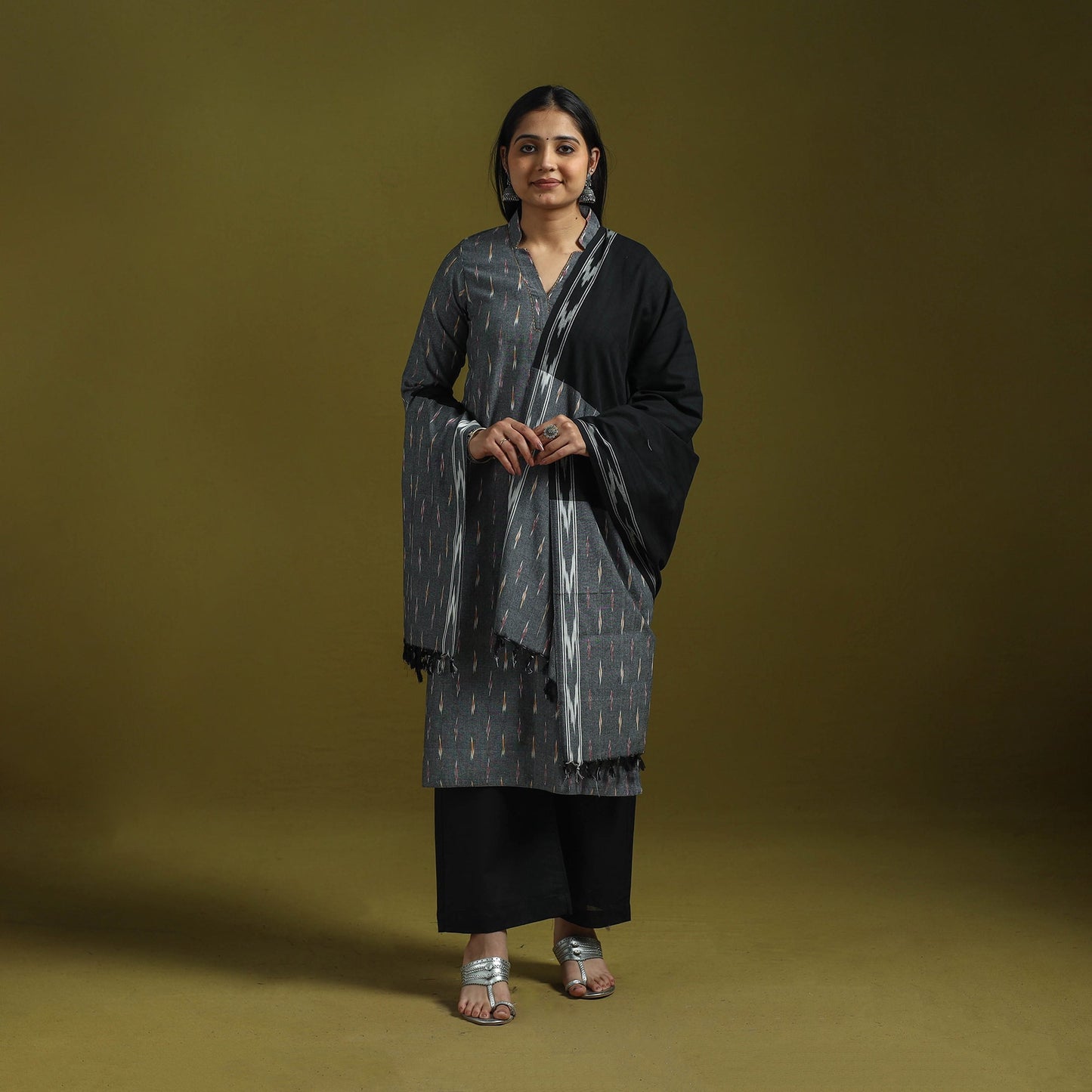 Handloom cotton embroidered pochampally ikat 3pc kurta set