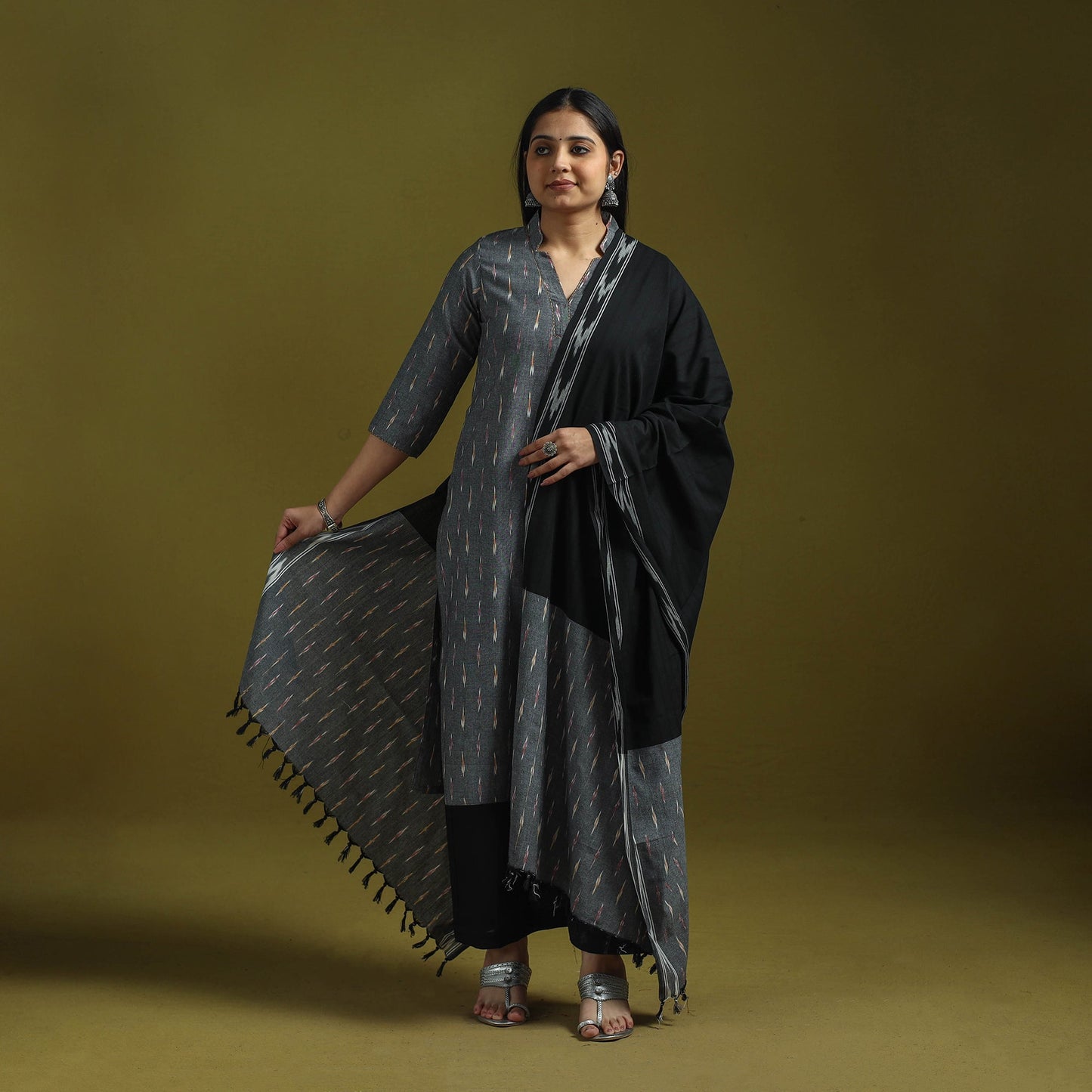 Handloom cotton embroidered pochampally ikat 3pc kurta set