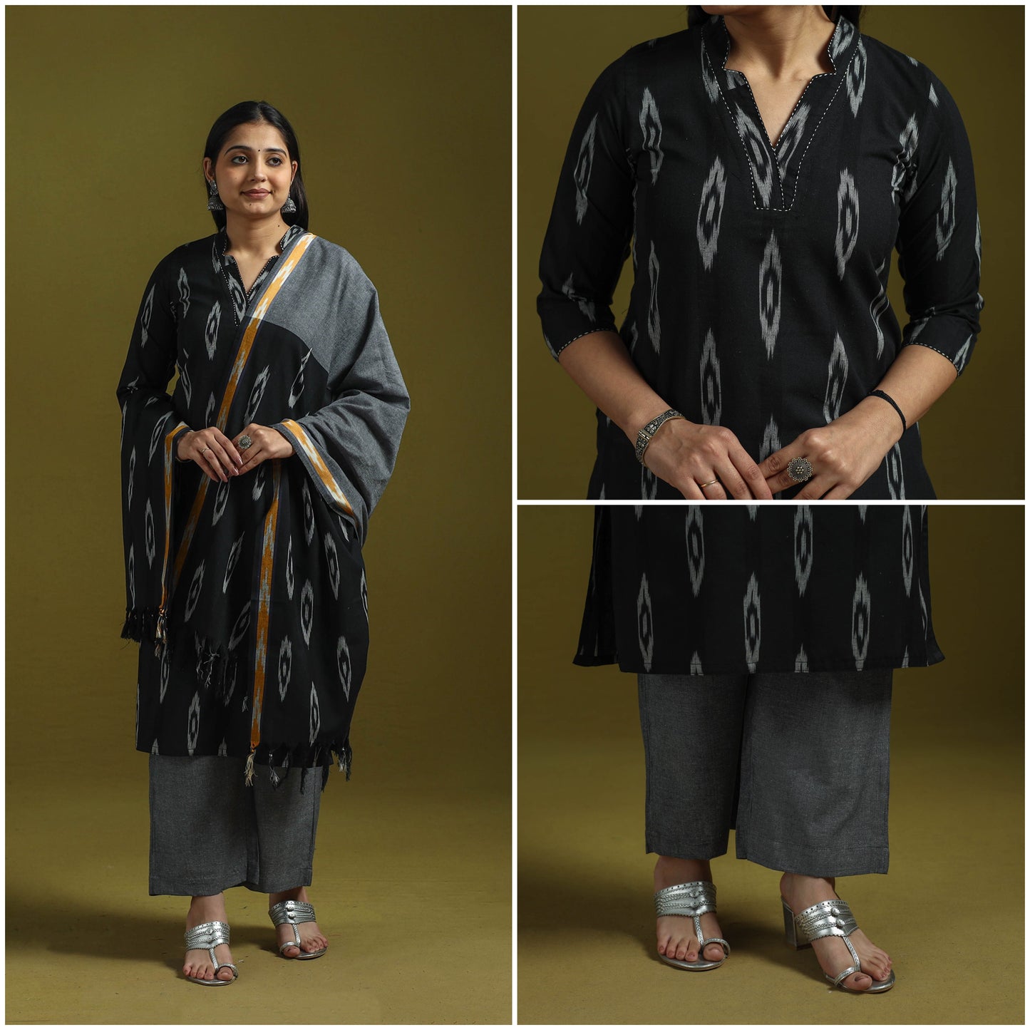 Handloom cotton embroidered pochampally ikat 3pc kurta set