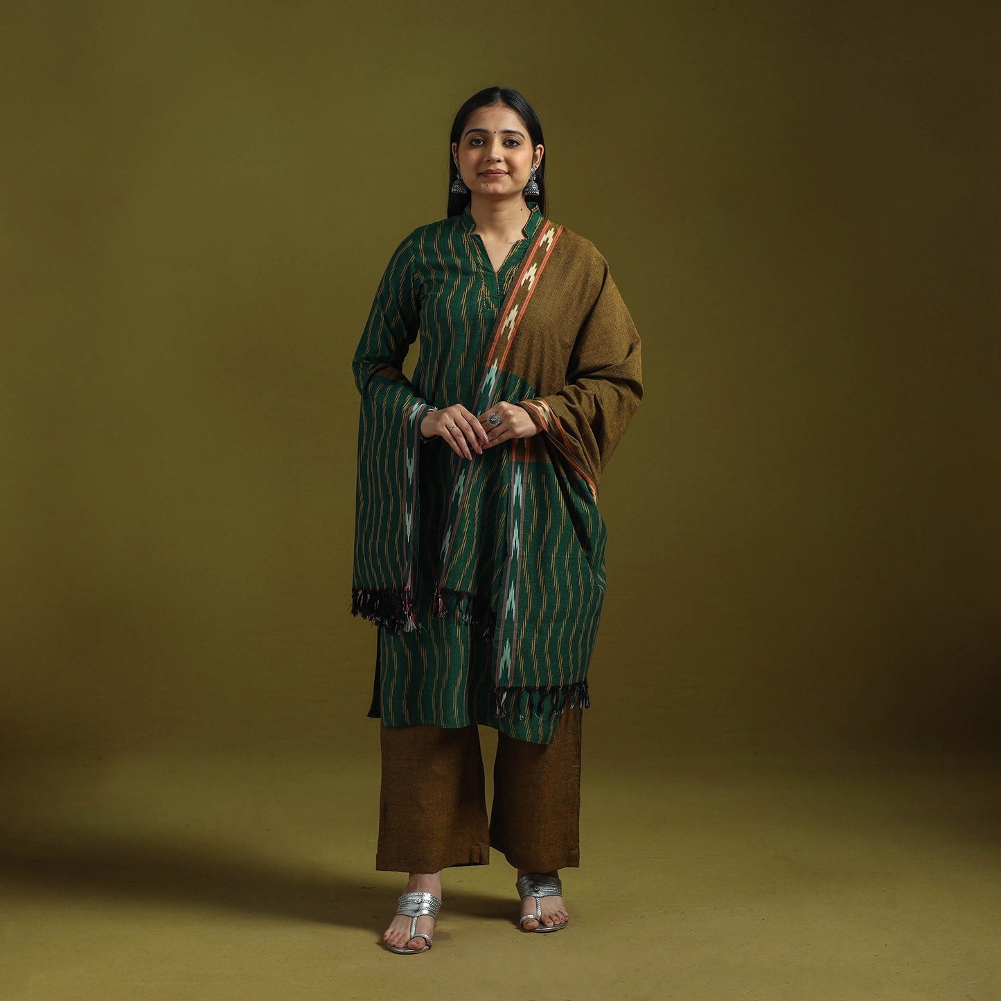 Handloom cotton embroidered pochampally ikat 3pc kurta set