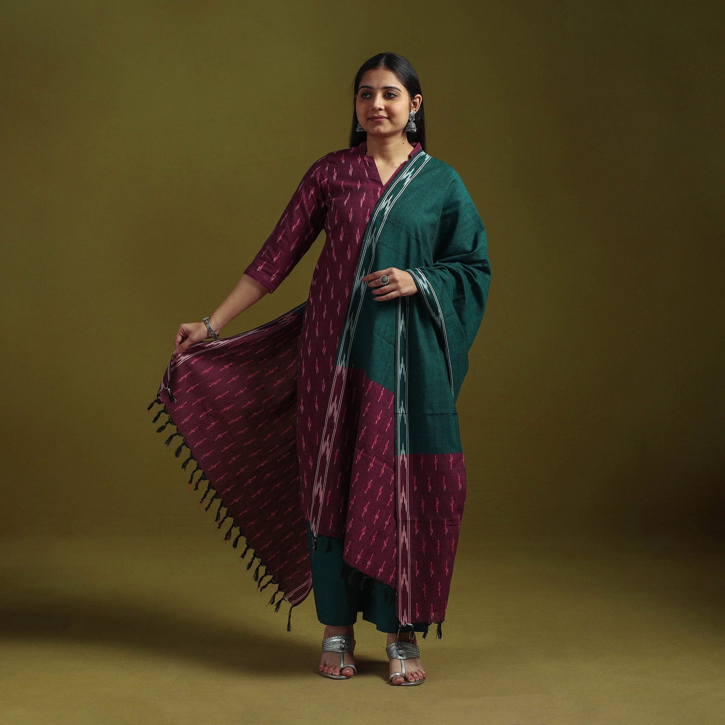 Handloom cotton embroidered pochampally ikat 3pc kurta set