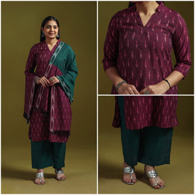 Handloom cotton embroidered pochampally ikat 3pc kurta set