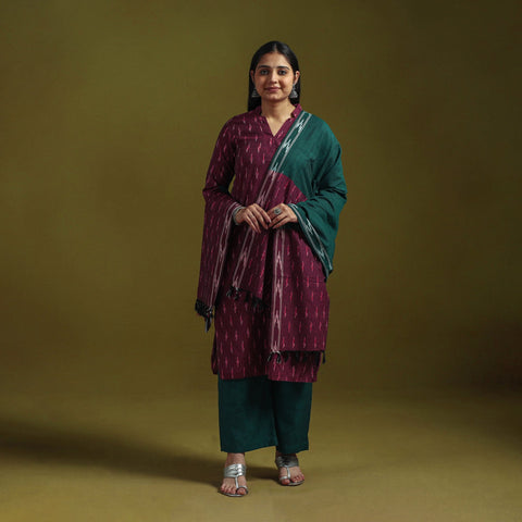 Handloom cotton embroidered pochampally ikat 3pc kurta set