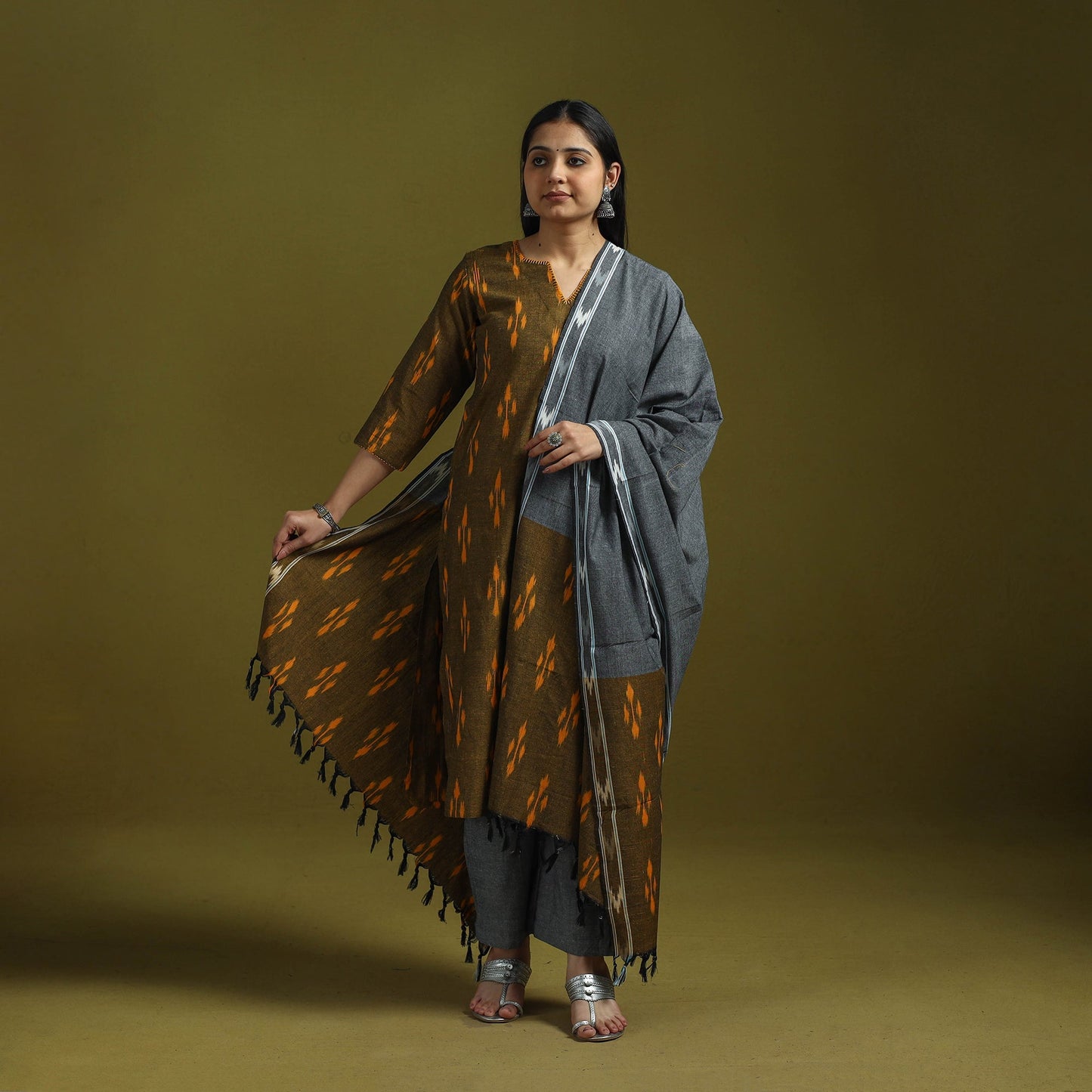 Handloom cotton embroidered pochampally ikat 3pc kurta set