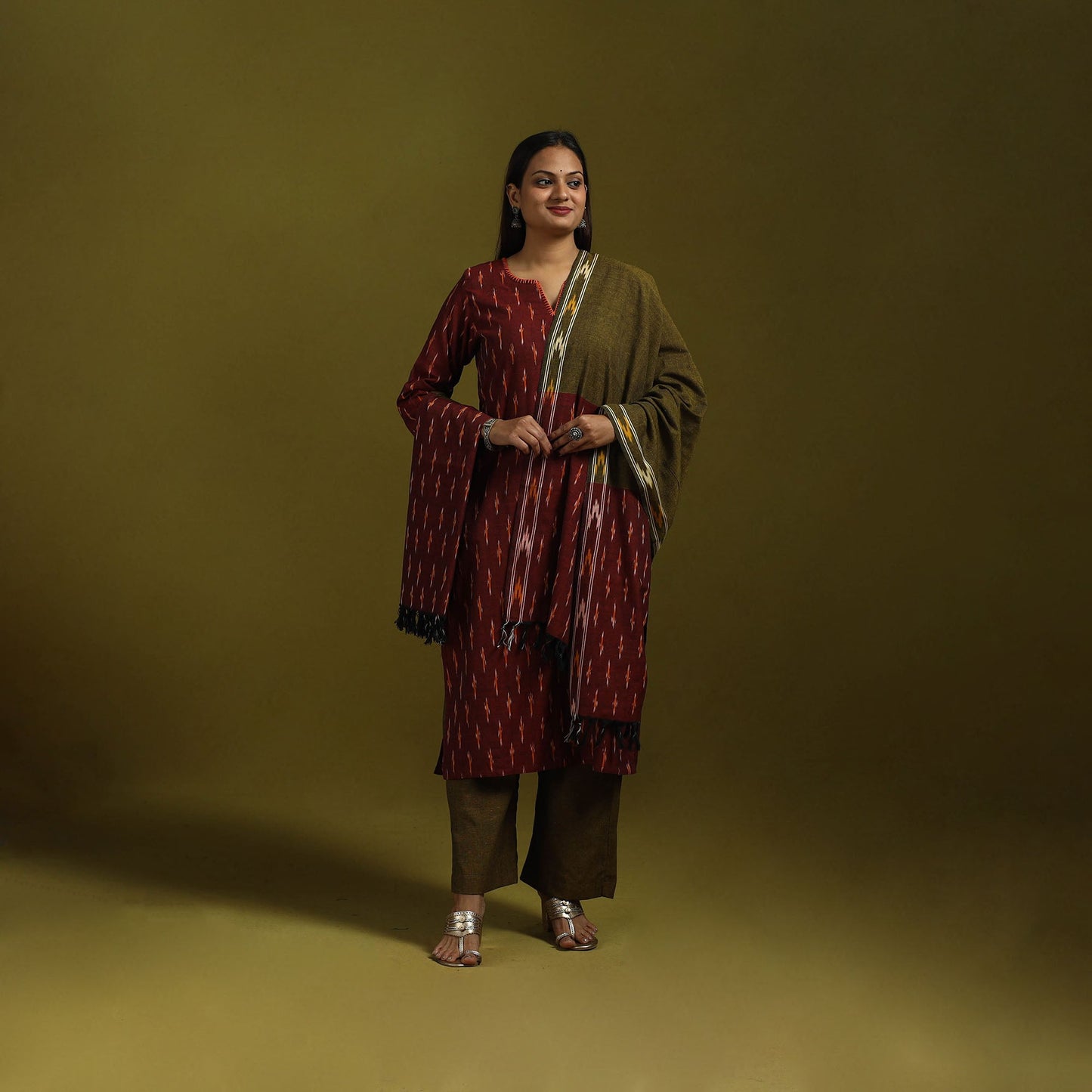 Handloom cotton embroidered pochampally ikat 3pc kurta set