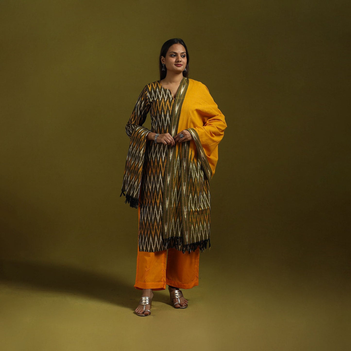 Handloom cotton embroidered pochampally ikat 3pc kurta set