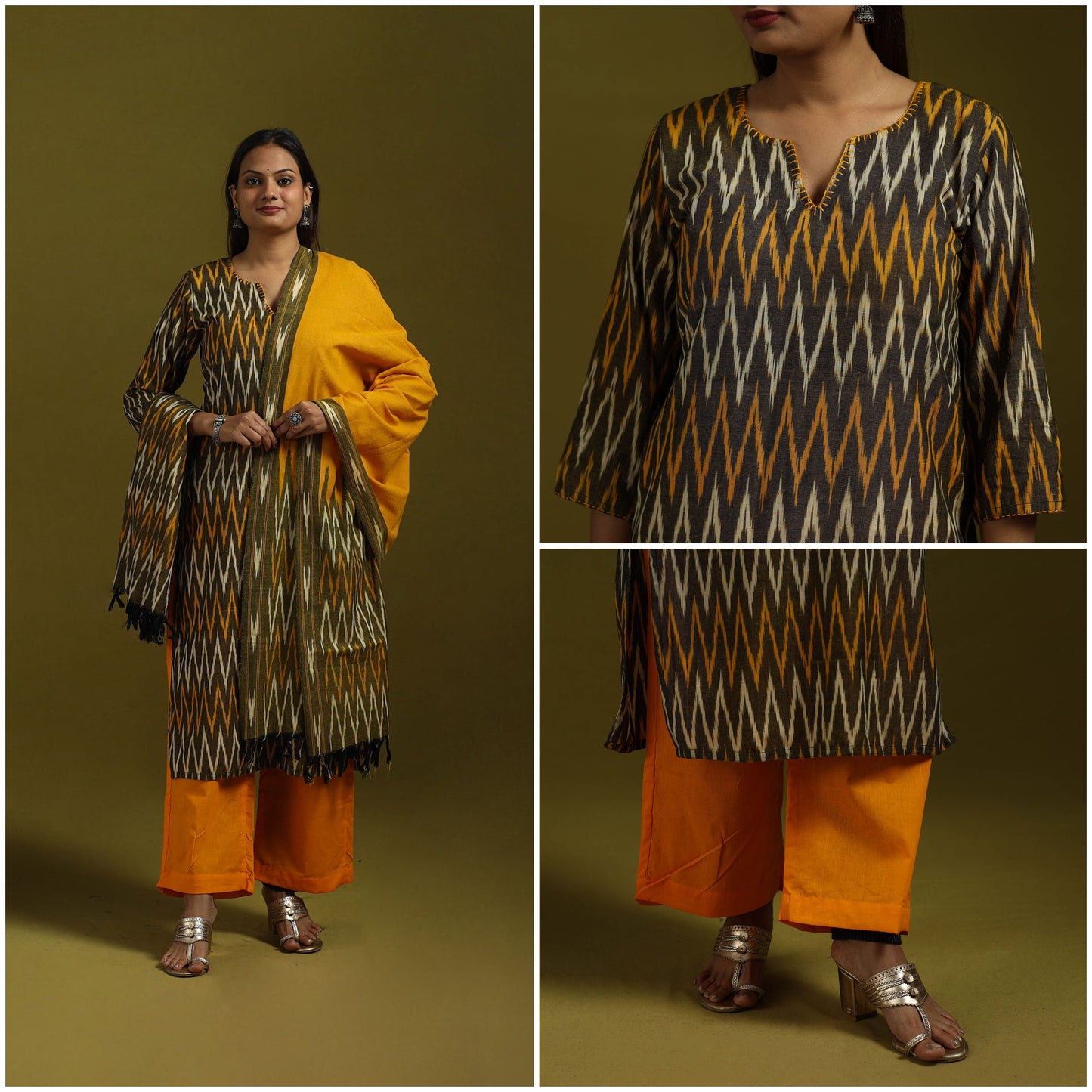 Handloom cotton embroidered pochampally ikat 3pc kurta set