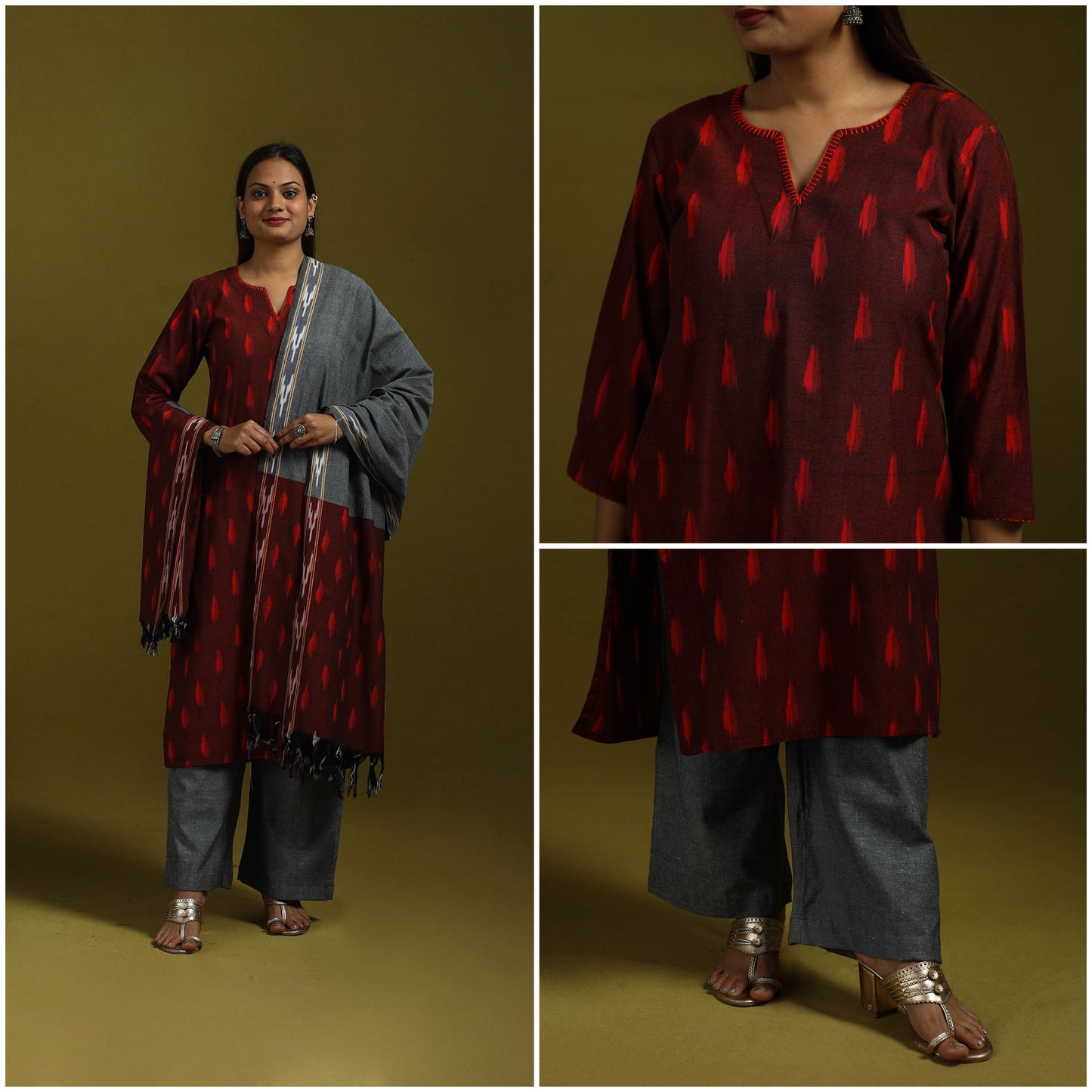 Handloom cotton embroidered pochampally ikat 3pc kurta set