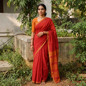 Red Handloom Cotton Mangalagiri Saree, draped and worn by a woman, AI visual of the saree, iTokri