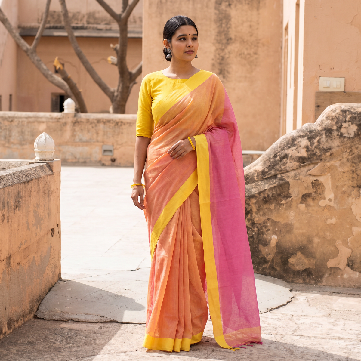 Orange Handloom Cotton Mangalagiri Saree, draped and worn by a woman, AI visual of the saree, iTokri