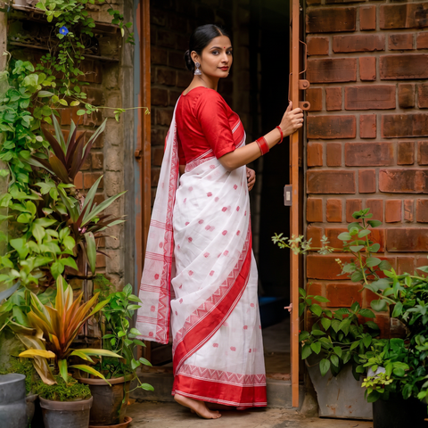 White Handloom Cotton Phulia Jamdani Saree, draped and worn by a woman, AI visual of the saree, iTokri
