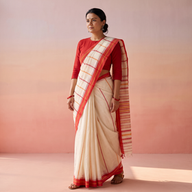 White Handloom Cotton Phulia Jamdani Saree, draped and worn by a woman, AI visual of the saree, iTokri
