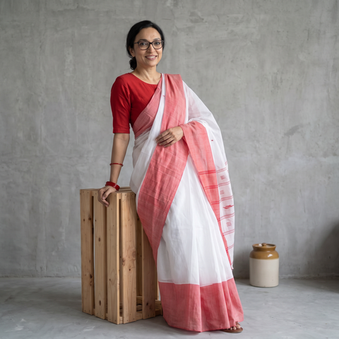 White Handloom Cotton Phulia Jamdani Saree, draped and worn by a woman, AI visual of the saree, iTokri