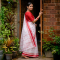 White Handloom Cotton Phulia Jamdani Saree, draped and worn by a woman, AI visual of the saree, iTokri