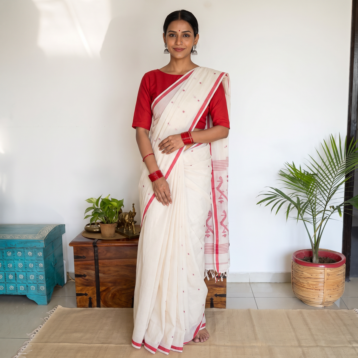 White Handloom Cotton Phulia Jamdani Saree, draped and worn by a woman, AI visual of the saree, iTokri