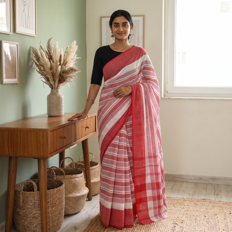 White Handloom Cotton Phulia Jamdani Saree, draped and worn by a woman, AI visual of the saree, iTokri