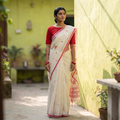 White Handloom Cotton Phulia Jamdani Saree, draped and worn by a woman, AI visual of the saree, iTokri