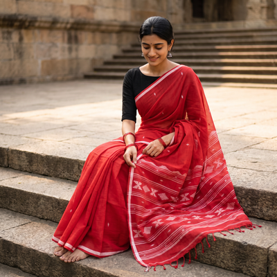 Red Handloom Cotton Phulia Jamdani Saree, draped and worn by a woman, AI visual of the saree, iTokri