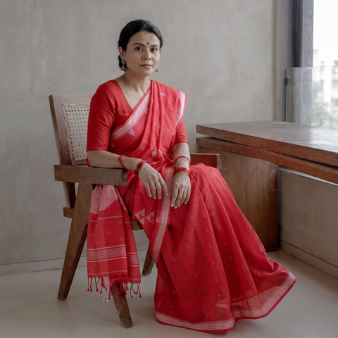 Red Handloom Cotton Phulia Jamdani Saree, draped and worn by a woman, AI visual of the saree, iTokri