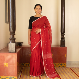 Red Handloom Cotton Phulia Jamdani Saree, draped and worn by a woman, AI visual of the saree, iTokri
