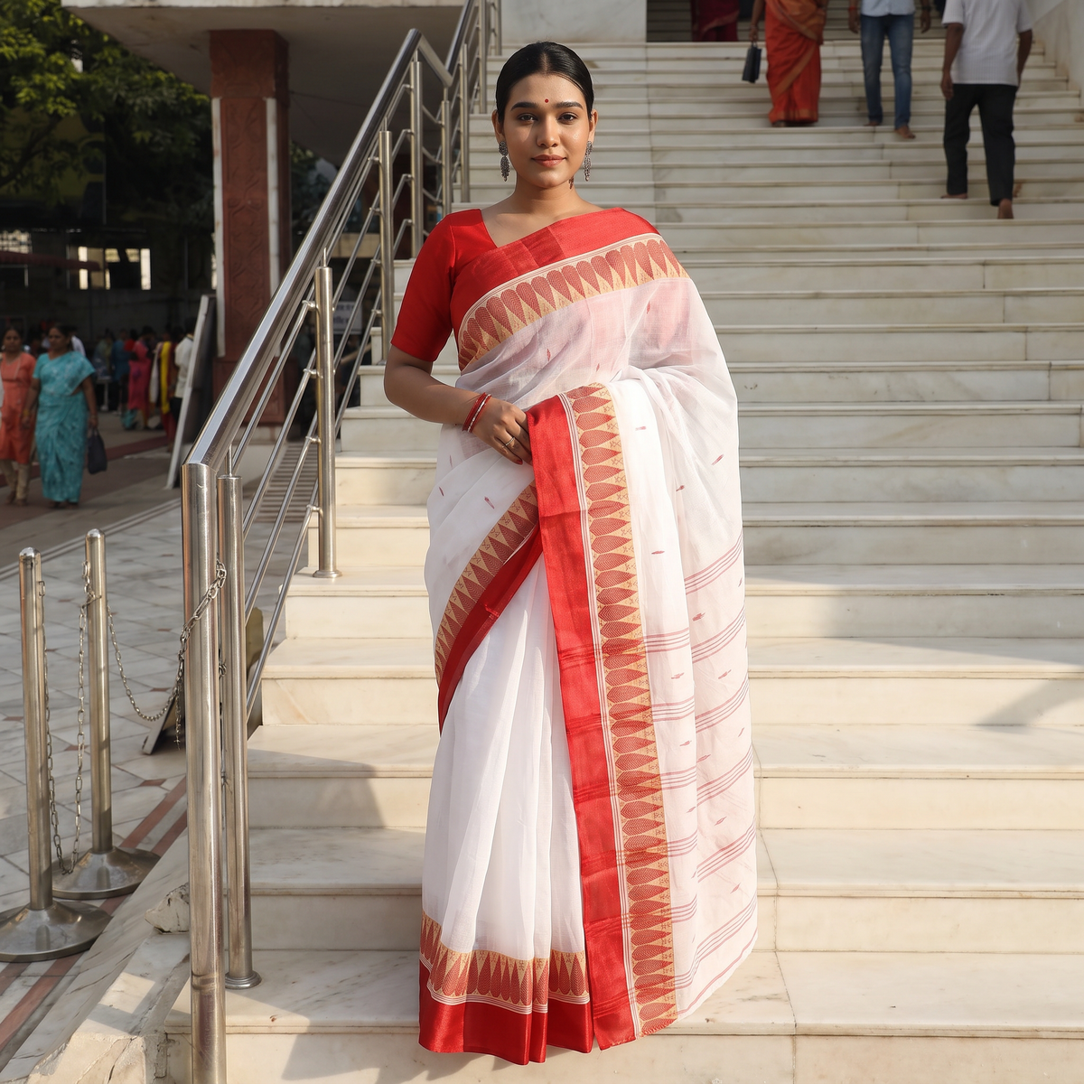 White Handloom Cotton Phulia Jamdani Saree, draped and worn by a woman, AI visual of the saree, iTokri