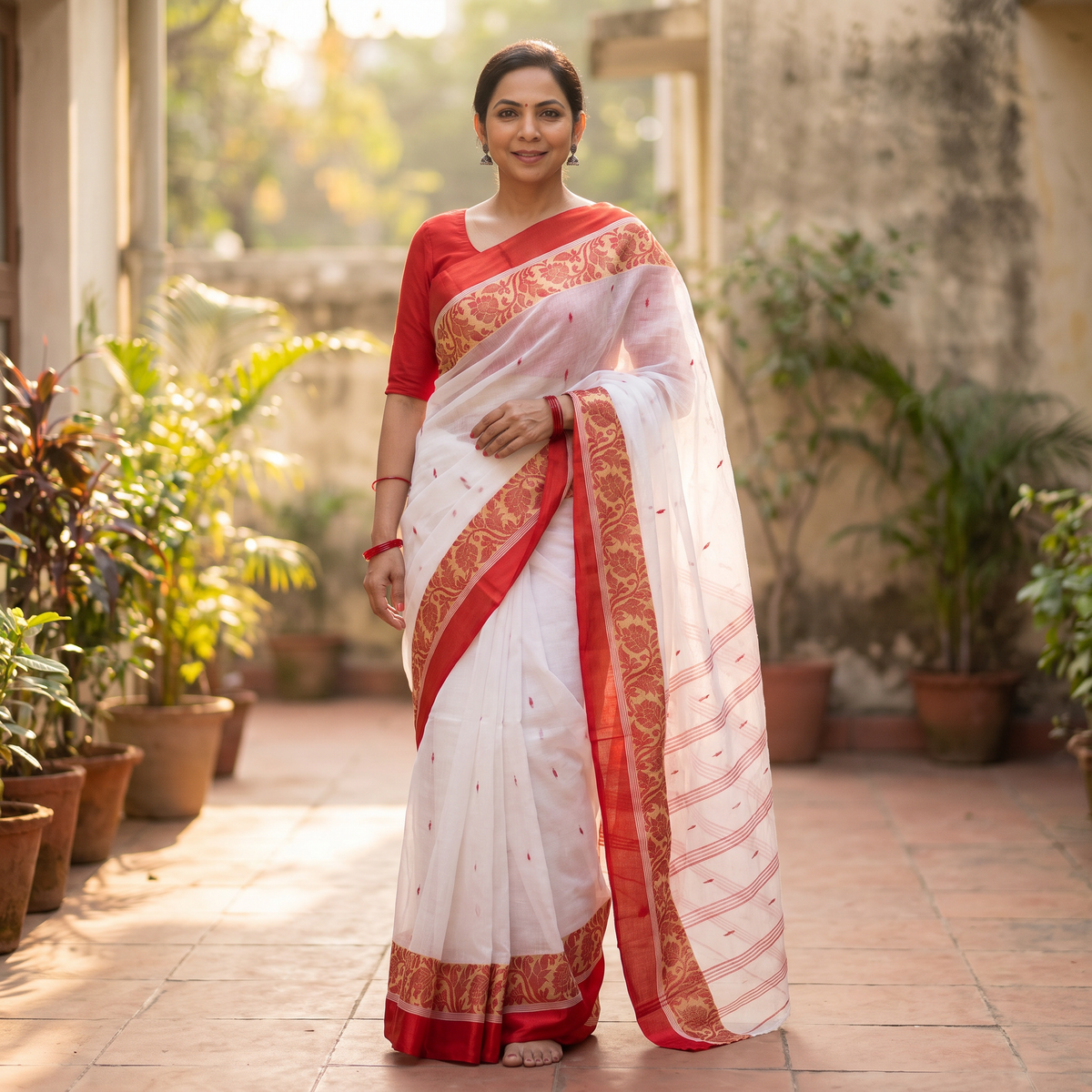 White Handloom Cotton Phulia Jamdani Saree, draped and worn by a woman, AI visual of the saree, iTokri