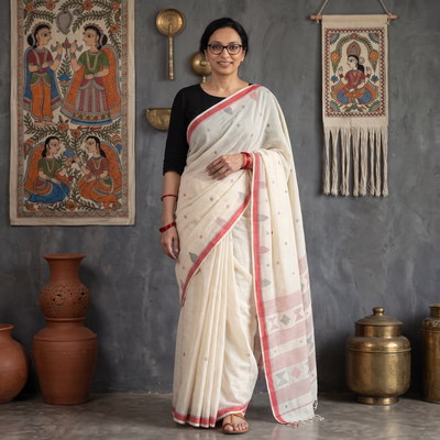 White Handloom Cotton Phulia Jamdani Saree, draped and worn by a woman, AI visual of the saree, iTokri