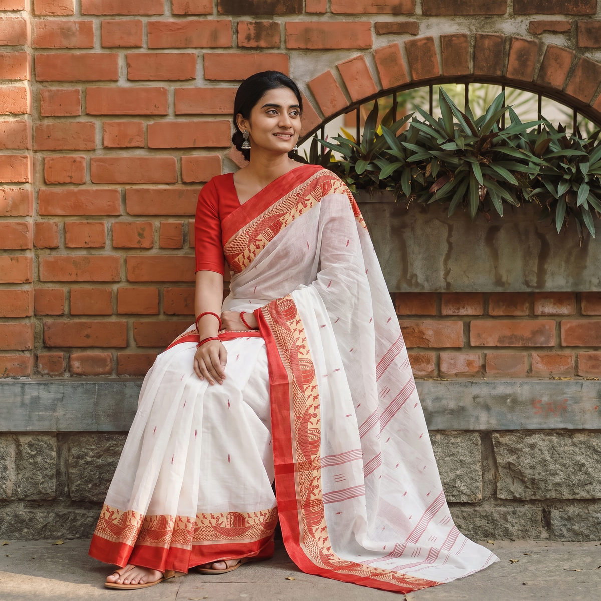 White Handloom Cotton Phulia Jamdani Saree, draped and worn by a woman, AI visual of the saree, iTokri