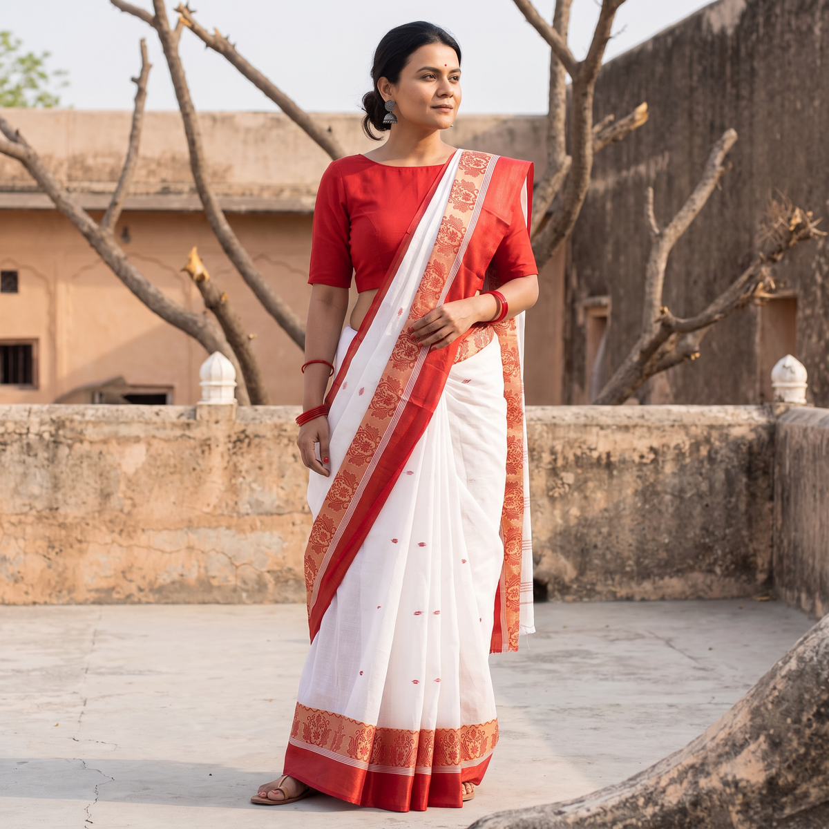 White Handloom Cotton Phulia Jamdani Saree, draped and worn by a woman, AI visual of the saree, iTokri